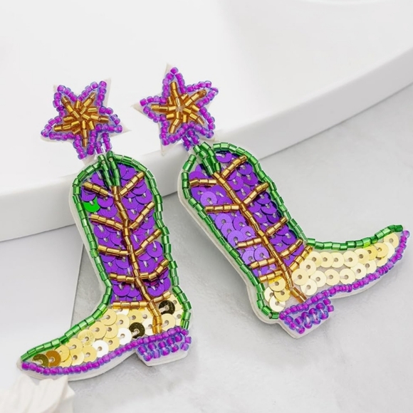 Cowgirl Boots Earrings Mardi Gras Earrings Western Beaded New Orleans Nola - Picture 8 of 9